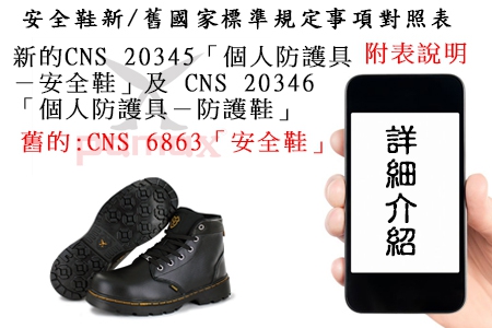 附表 安全鞋新/舊國家標準規定事項對照表：【新國家標準CNS 20345－安全鞋及 CNS 20346－防護鞋】＆【CNS 20347－職業用鞋】＆【舊國家標準CNS 6863－安全鞋】